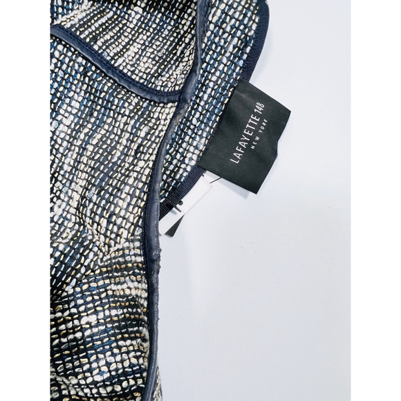 Lafayette 148 New York Woman’s Blazer Blue White Jacket, Size L Leather Trim - Picture 13 of 16